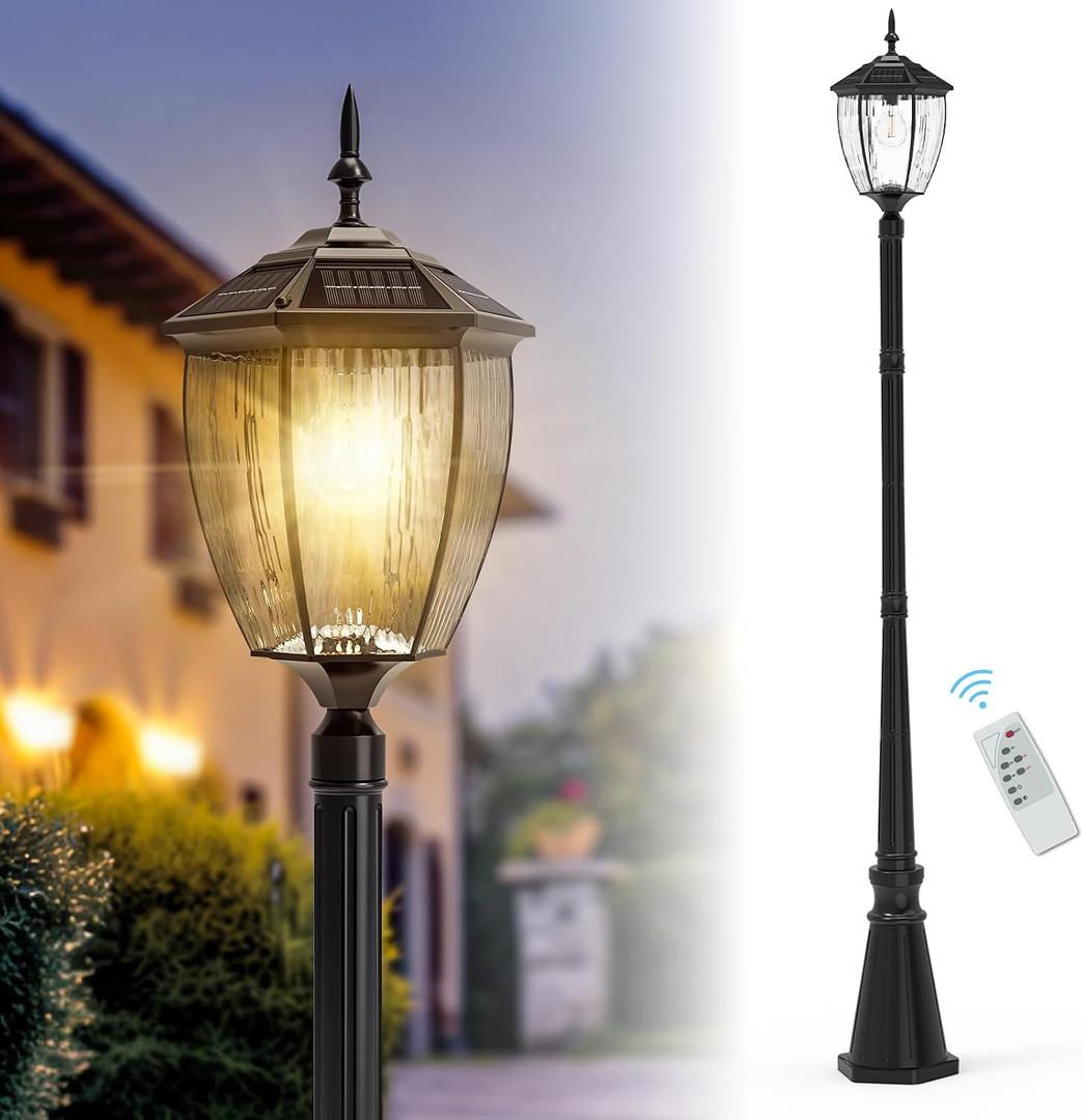 90'' H Solar Post Lights, 2700K Solar Lamp Post Light Waterproof, Dusk to Dawn Pole Lights Outdoor, lamp Posts Lighting for Garden Patio Yard Pathway Gate, Remote Control, Black(Warm White), 2700K│Head+Post