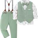 ZOEREA Toddler Boy Suit Formal Wedding Outfits Gentleman Clothes Long Sleeve Shirt + Suspender Pants + Bowtie (Light Green, 12-18 Months)