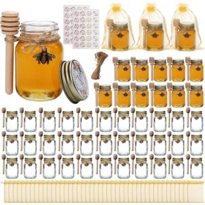 Mini Glass Honey Jars, 2 oz Glass Jars with Lids48 Pack Small Jar with Wooden Dippers, Mini Clear Bottles with Lids for Thank You Gifts,Baby Shower, Wedding Favors,Honey Jars Party Favor