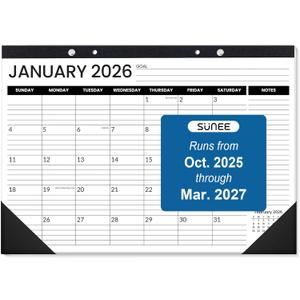 SUNEE Desk Calendar 2026, 18 Months from Oct. 2025 to Mar. 2027, 17"x12" Academic Calendar 2026 for Home, School, or Office - 2026 Monthly Calendar with Note, Black