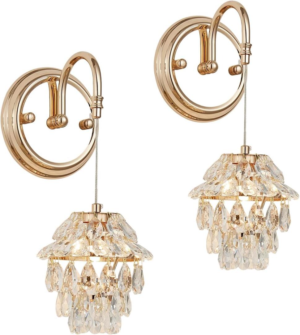 2 Pack Hardwired Wall Sconces, Modern Luxury Crystal Wall Light Fixture, French Gold Electroplated Wall Mounted Lamp, Classic G9 Bulb Walls Lighting for Bedroom, Living Room, HallwayBulb Included