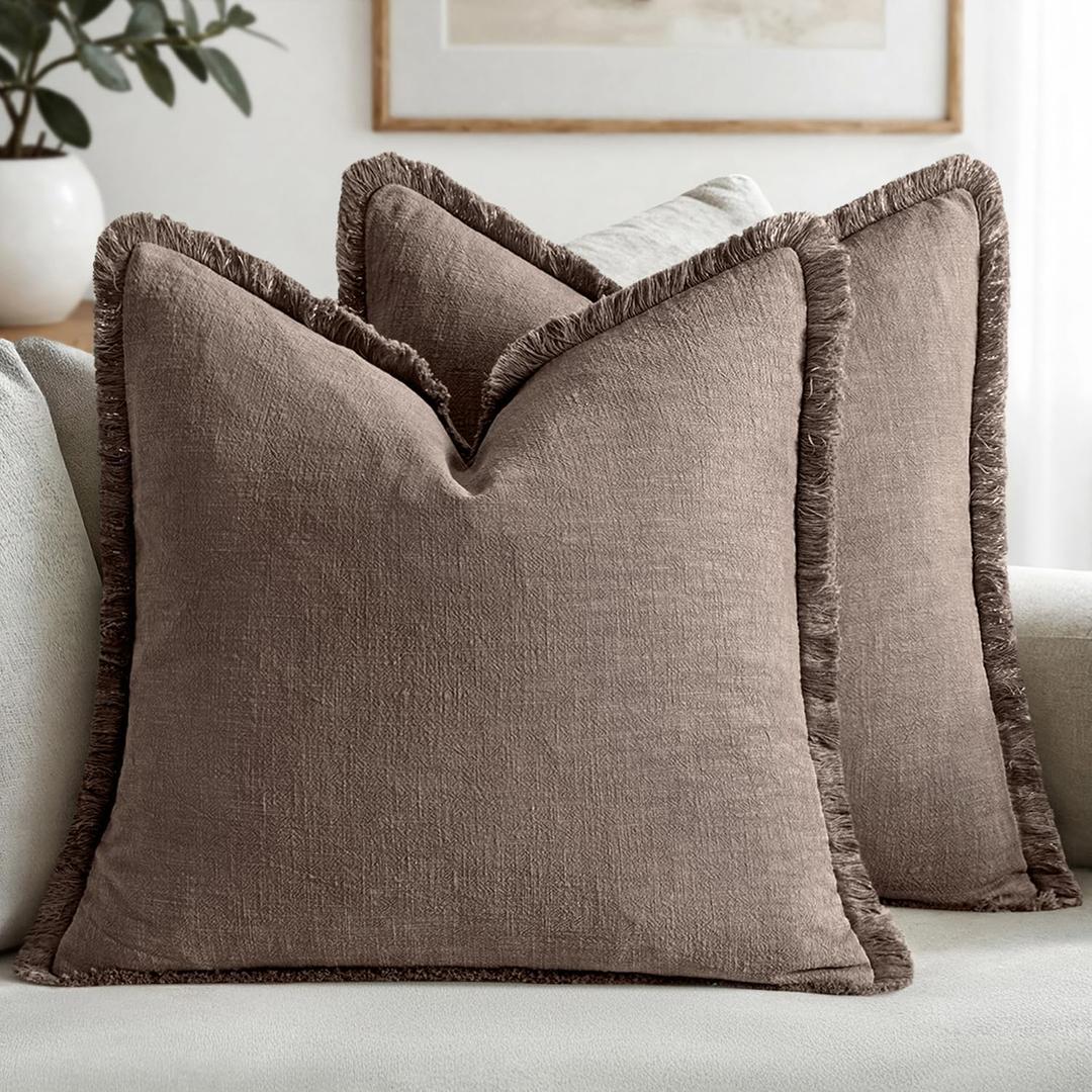 MIULEE Linen Fringe Decorative Fall Euro Pillow Covers Malt Ball 22x22 | Set of 2, Cottagecore Decor, Boho Farmhouse Neutral Throw Pillow Covers, Rustic Fall Couch Cushions for Sofa Bed Living Room
