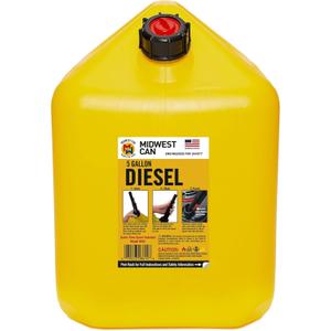 Midwest Can 8610 Safe-Flo Auto Shut Off 5 Gallon Diesel Can Yellow Plastic Fuel Container With FlameShield Safety System & Quick-Flow Spout - 1 Pack