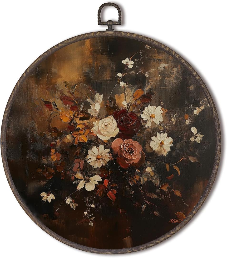 XNXLDYLH Fall Moody Floral Round Framed Wall Art Decor, Dark Academia Cottagecore Hanging Wall Decor Decorations, Vintage Gallery Canvas Prints Wall Art Paintings for Living Room Farmhouse, 10x10 Inch
