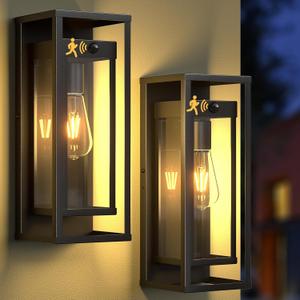 Motion Sensor Outdoor Wall Light 2Pack-15in Modern Dusk to Dawn Porch Sconce Wall Mounted Waterproof Exterior Lighting Fixture E26 Black Lantern for Outside House Garage Entryway (2PK)