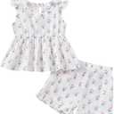 Kucnuzki Toddler Baby Girl Clothes Sleeveless Tank Tops Ruffle Halter Shirts Floral Shorts 2 Piece Set Summer Outfits (White, XS)