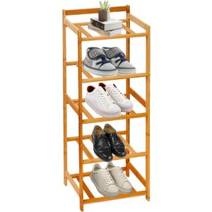 Bamboo Shoe Rack Vertical Narrow,5-Tier Shoe Rack for Entryway Bamboo Shelf Shoe Rack Storage Organizer for Skinny Shoe Rack for Small Spaces with Bamboo Shelf