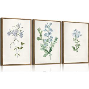 Framed 3 Piece Blue Floral Wall Art Boho Botanical Canvas Prints | Vintage Flower Pictures Wall Decor Minimalist Rustic Paintings Artwork for Living Room Bedroom Bathroom 16x24in