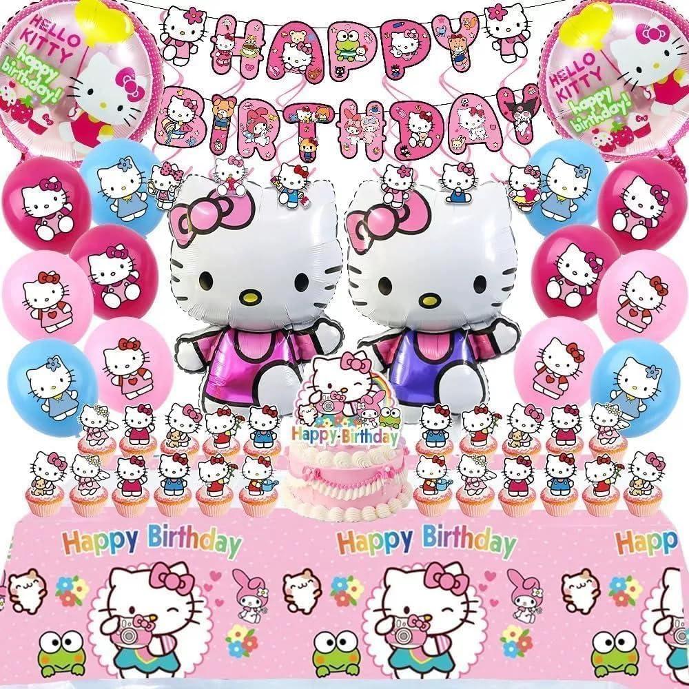49Pcs - Kitty Birthday Party Decorations Set, Pink Theme with Banner, Balloons, Tablecloth, Cake Toppers..