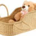 Doll Bassinet Handwoven Seagrass Moses Basket Portable Doll Carrier Natural Wicker Bassinet for Plush Bears, Shower Gift Decor, Photo Prop, Diaper Caddy