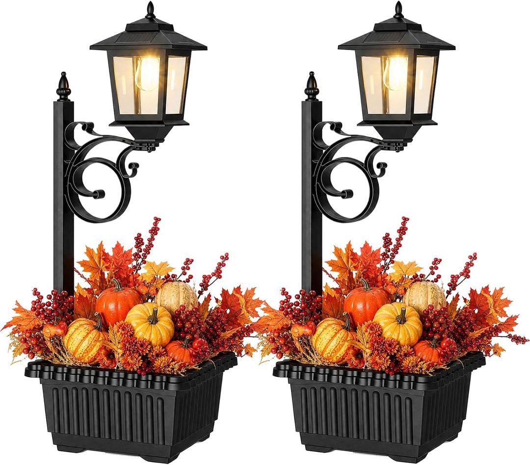 2 Pack 2-in-1 Outdoor Flower Pots, Solar Post Lamps Waterproof, Solar Lamp Post Lights, Wall Mount or Freestanding, Outdoor Decorative Lamp for Garden, Patio, Front Porch, Back Door, Warm White, 11.4 x 11.4 x 28.7 inches