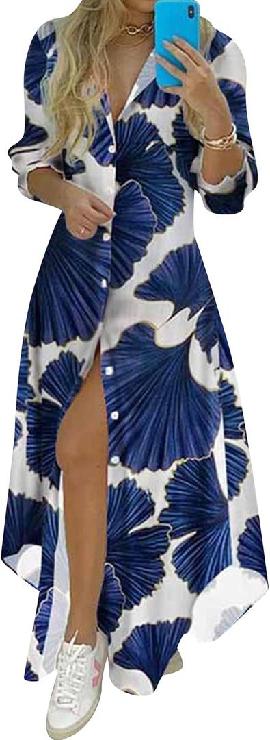 YMING Womens Long Sleeve Button Down Shirt Dresses Casual Floral Print Maxi Dress Loose Fit Split Blouse Dress (Navy Blue), XL