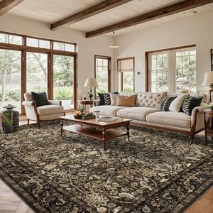 Luxcrest Brown 10x14 Area Rug: Vintage Floral Washable Rugs for Living Room Bedroom Dining Room Under Kitchen Table Office - Soft Non-Slip Stain Resistant Low Pile Carpet Indoor - Brown and Gold
