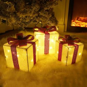 Fulong Festive Christmas Lighted Gift Boxes - Set of 3, Collapsible Indoor Holiday Decorations with 60 Pre-Lit Warm LED Lights, Sturdy Metal Frame & Glittering Fabric, for Fireplace & Christmas Tree