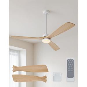 VONLUCE Wood Ceiling Fan with Lights, 60 Inch Ceiling Fan and Remote, 6 Speed Reversible Noiseless DC Motor, 3CCT, Solid Wood Outdoor Ceiling Fan for Patios Farmhouse, White