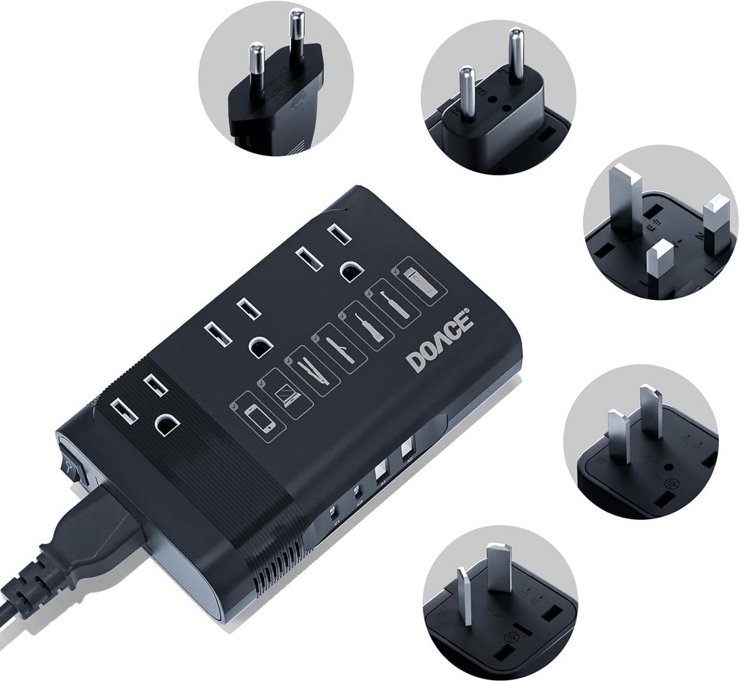 DOACE 350W Voltage Converter US to Europe - 220V to 110V Converter for European Travel with 4 QC+PD Chargers for Using U.S. Devices Abroad - Hair Straightener Shaver Toothbrush Laptop Camera Phone (Black)