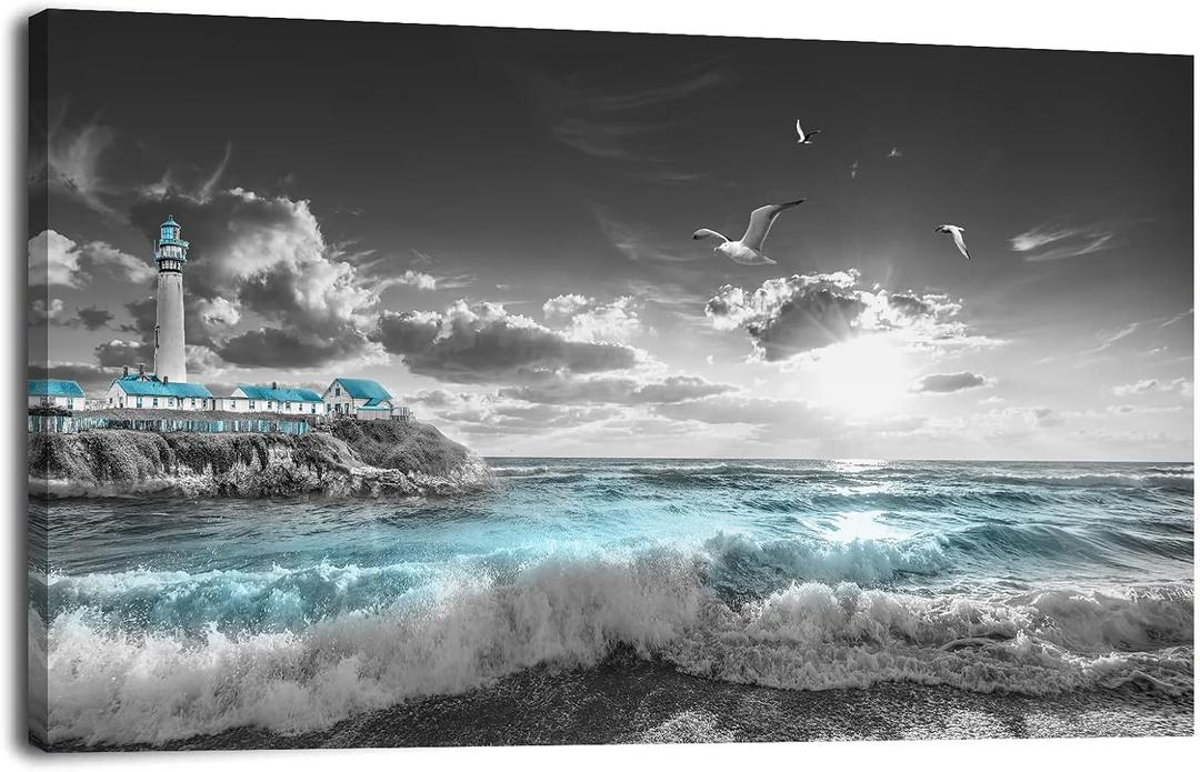 Ocean Decor Beach Wall Art Pictures for Bedroom Living Room Home Office Kitchen Beach Wall Decor Large Framed Canvas Wall Art Beach Seagulls Light Clouds Blue Waves Artwork 24inch*48inch