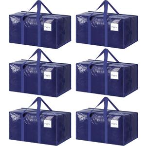 6 Pack Extra Heavy Duty Large Moving Bags with Strong Zipper & Comfortable Handles, Sturdy & Durable Clothes Storage Bags Totes Bins, Blue Packing Moving Boxes for College Supplies, Dark Blue