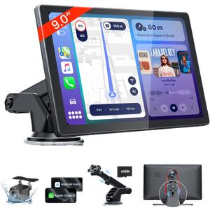 9'' HD Portable Carplay Screen for Car with 4K Dash Cam & 1080P Backup Camera DVR, Car Audio Receivers with Carplay & Android Auto Touch Screen, GPS Navigation, Mirror Link, Voice Control