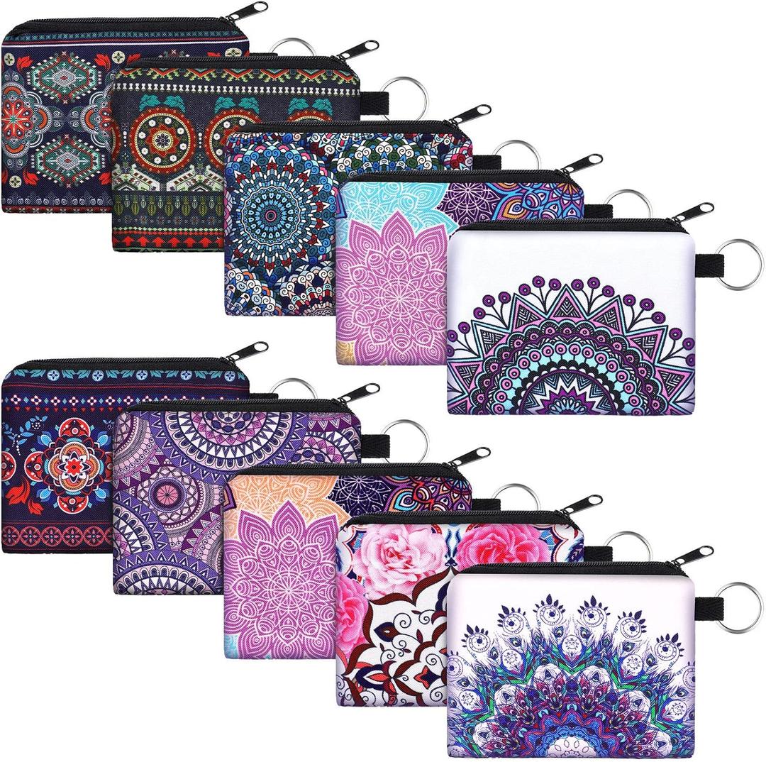 10 Pieces Small Coin Purse Boho Change Purse Pouch Mini Wallet Coin Bag with Zipper Exquisite Present for Women Girls on Valentine's Day (4.52 x 3.74 Inch)