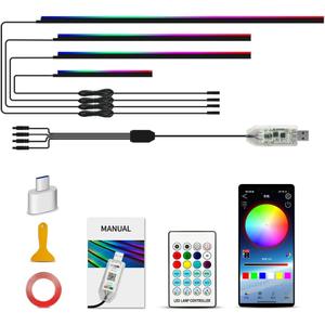 Ambient Lighting Car Led Lights Interior with APP, USB Powered Acrylic Neon Flexible Strip Fiber Optic LED Ambient Lighting kit,4 in 1 RGB Sound Active Music Lights Sync Car Decorations