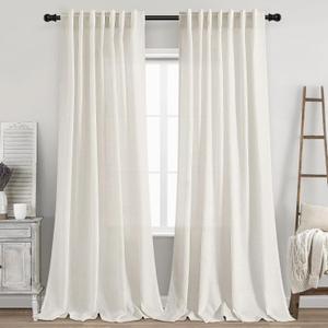 Back Tab Linen Curtains 96 inches Long 2 Panels Set for Living Room Sliding Glass Door Ivory Cream Semi Sheer Curtains Light Filtering Canvas Cloth Linen Drapes 96 inch Floor to Ceiling Length (Natural)