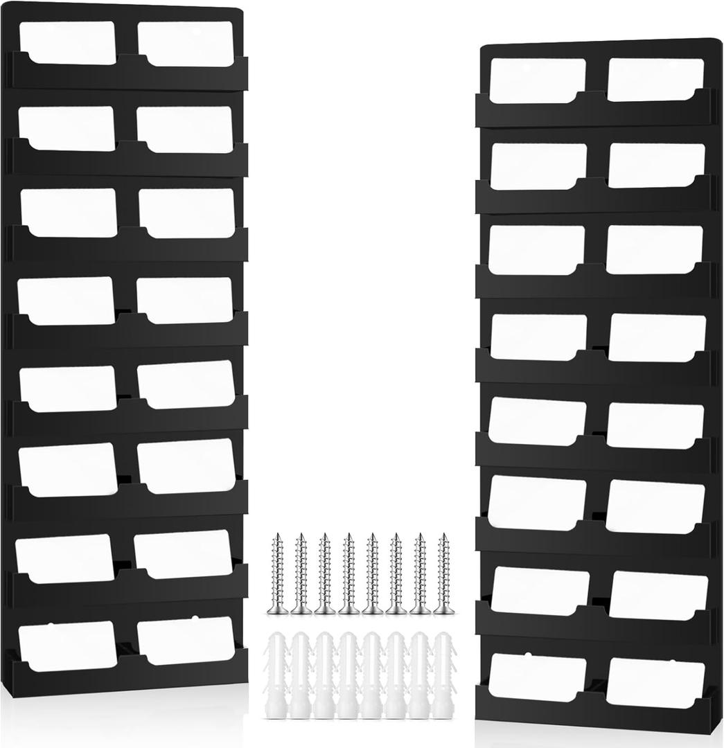 Geelin 2 Pcs Business Card Holder with Hanging Hardware Black Acrylic 16 Pocket Business Vertical Organizer Wall Mount Sticker Display Rack Pre Drilled Organizing Stand for Office Home (Vertical)