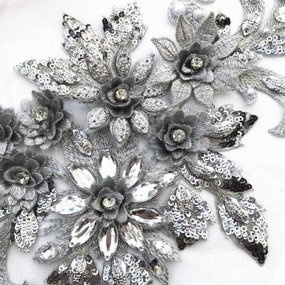 1938cm 3D Colorful Flower Mesh Embroidered Rhinestone Lace Beaded Applique with Sequins DIY Lace Fabric Trim for Clothes Accessories Hardware (Gray)