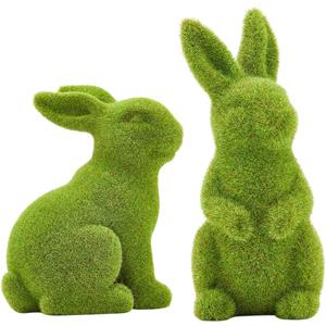 GatheringRain Easter Bunny Decorative Ornament Garden Decoration Artificial Green Moss Rabbit Sculpture Easter Decoration Party Gifts Baking Table and Home Decoration (Small 2PCS Standing+Sitting)