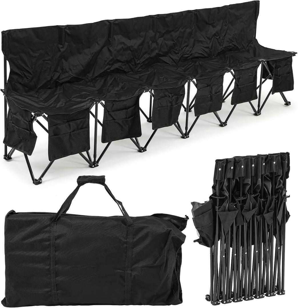 Wonderjune Folding Soccer Bench Portable Sports Team Bench with Pockets and Carrying Bag for Sports Team Outdoor Camp Travel Soccer Practice (Black,6 Seat)
