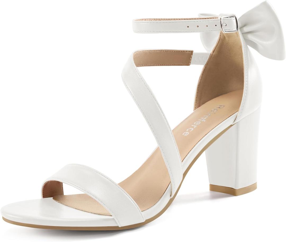 Chunky Heels for Women Wedding: Silver 8 Comfortable Ladies Bow Heel Sandals for Prom Party - Bridal Dressy Walking Shoes (9, White)