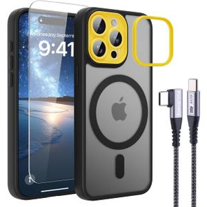 4 in 1 Magnetic for iPhone 16 Pro Case [with 1X Screen Protector, Braided Cable, Removable Lens Case] [Mil-Grade Drop Protection] Shockproof Slim Translucent Matte Protective Phone Case, Black
