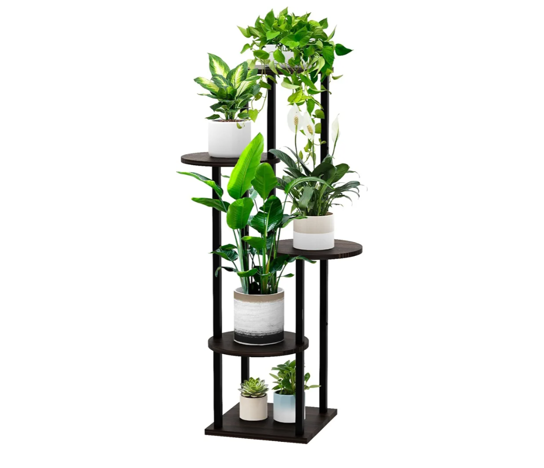YOCOMEY 5 Tier Wood Tall Plant Stand Metal Rack Indoor, Multiple Flower Pot Holder Shelves Corner Rack, Round Planter Shelf Display Rack Storage Organizer for Patio Living Room Balcony(Black)