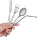 3 x Titanium Knife Fork Spoon Drinking Straw Ultra-Light Weight Tableware Durable Flatware Cutlery Set w. with Carabiner clip Reusable Eco-friendly for hiking camping scouting outdoor sports long lasting