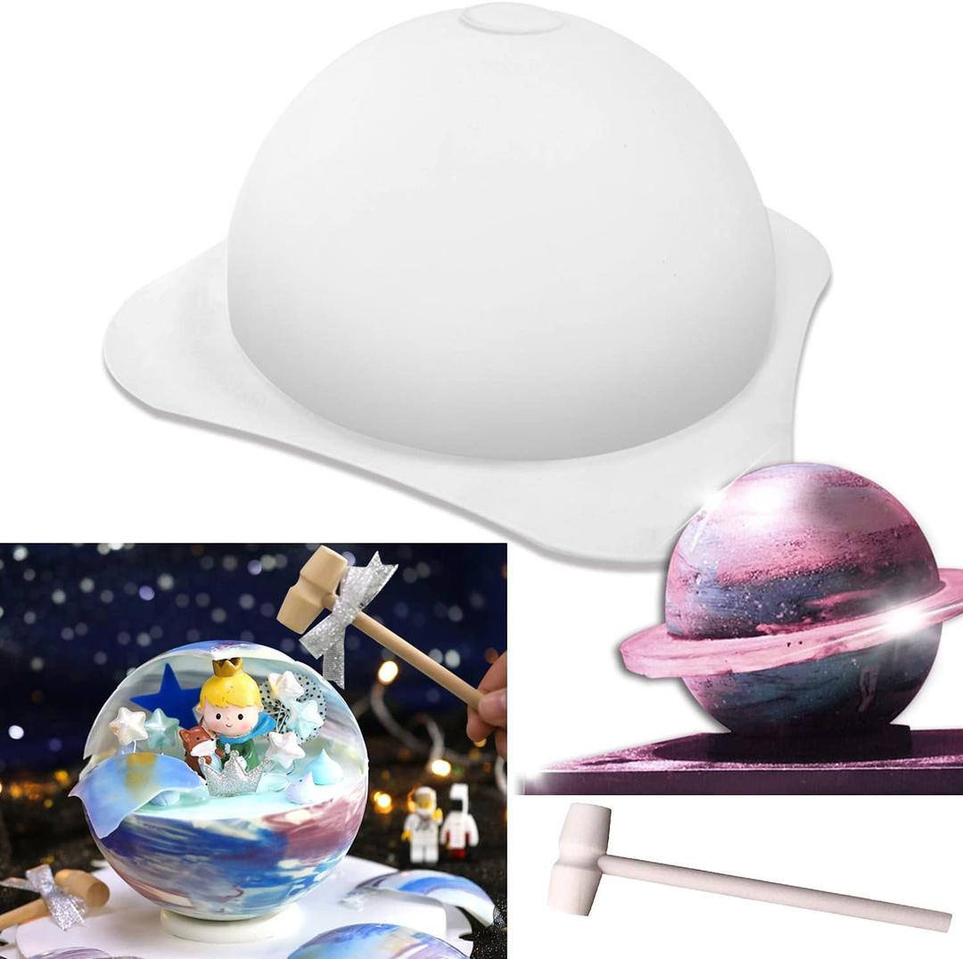 Silicone Large Planet Mousse Cake Fondant Chocolate Baking Mould + 2x Wooden Hammer Cube Tray Soap Making Molds Non Stick Round Hollow Ball Jelly Mold Pan Kitchen Tool Party Supplies