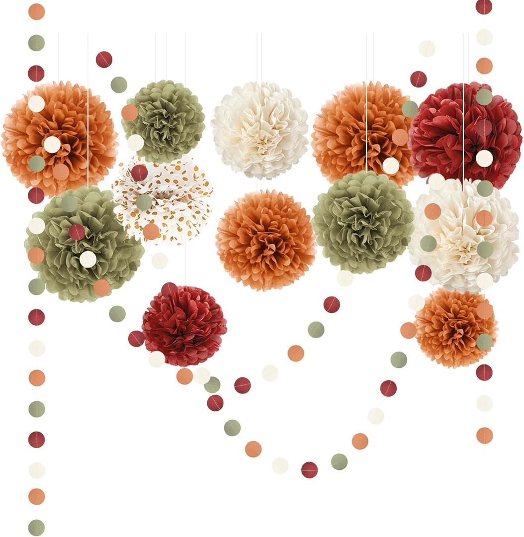 NICROLANDEE Fall Wedding Decorations - 15 PCS Pumpkin Orange Sage Green Ivory Tissue Pom Poms Decor, Dots Paper Garland for Thanksgiving, Baby Shower, Autumn Harvest Party Supplies