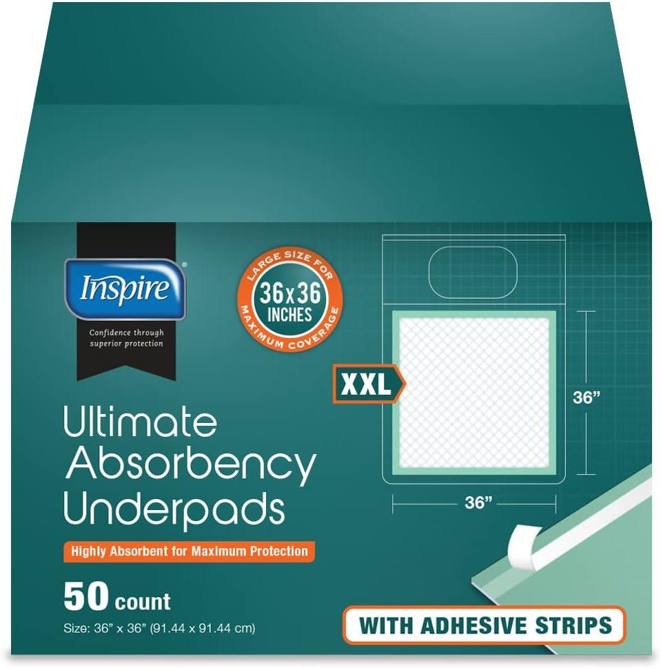Inspire Super and Ultra Absorbent Disposable Bed Pads, 36" X 36", Pack of 50 with Adhesive, XXL