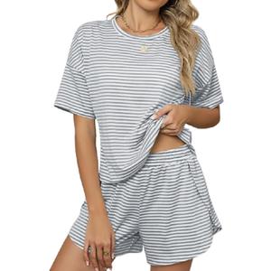 HDQHDQ Women's Striped Pajama Set Summer Short Sleeve Top and Shorts 2 Piece Lounge Sets Side Slit Cute Pjs