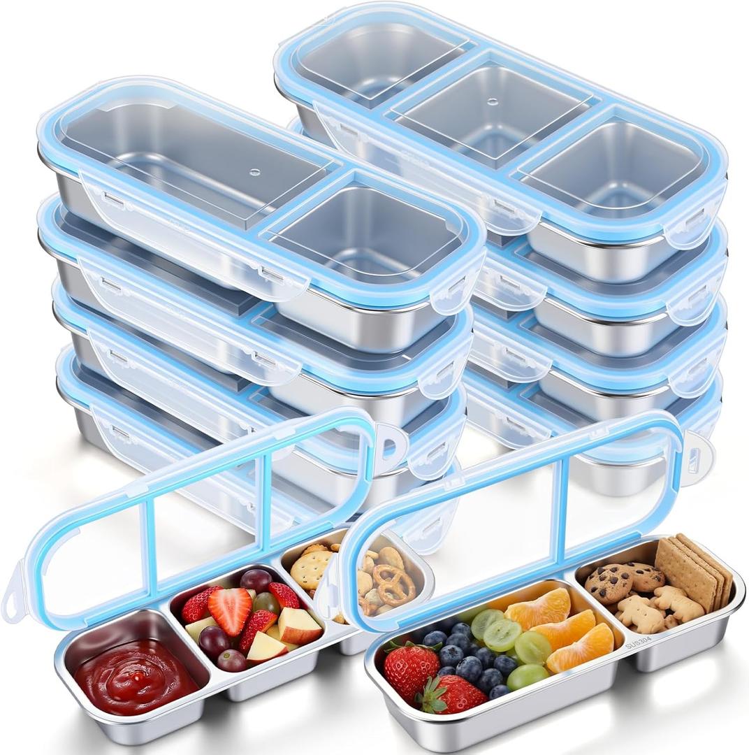 8 Pcs Stainless Steel Snack Containers with Leak Proof Lids, 2/3 Compartments Metal Bento Lunch Box, Reusable Divided Food Storage Container for Adults Home Travel Work (Blue)