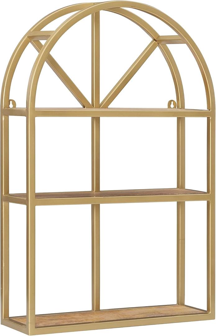Powell Bandt Gold Metal Cathedral Style Wall Mounted Shelves with Mango Wood Shelves