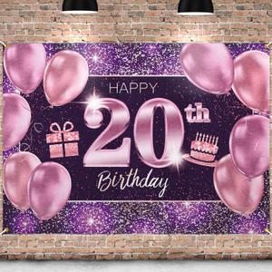 Happy 20th Birthday Banner Backdrop - 20 Birthday Party Decorations Supplies for Women Her - Pink Purple Gold 4 x 6ft