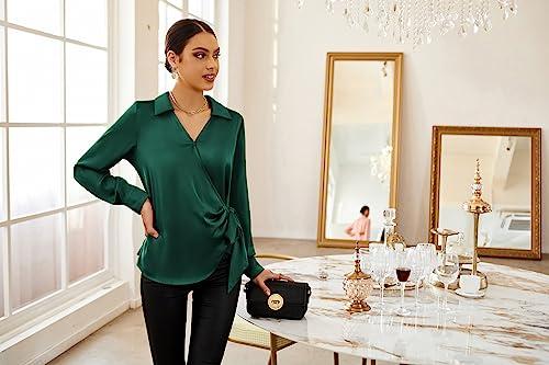 GRACE KARIN Women's Satin Silk Blouses Wrap V Neck Shirts Long Sleeve Elegant Tie Waist Office Formal Work Tunic Pullover Tops,  XL