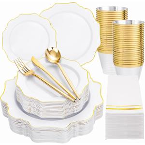 WDF 175Pcs Gold Plates Disposable - White and Gold Plastic Plates 25guest Plastic Dinnerware Ideal for Party/Wedding/Ramadan/Spring/Mother's Day