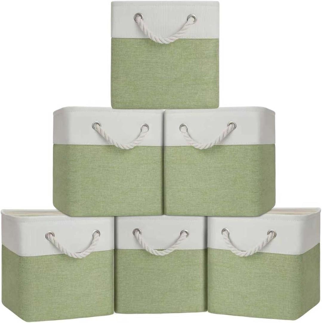 Cube Storage Bins, Collapsible Fabric Storage Cubes Bins, 11 Inch Cube Storage Bins with Handles, Foldable Storage Cubes (White/Green, 6Pack)