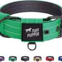 Tuff Pupper Heavy Duty Tactical Dog Collar | 1.5" Wide Ballistic Nylon | Reflective Stitching | Integrated ID Tag Holder | Stainless Steel Buckle | Padded Lining | Medium & Large Dogs (Green, Large)