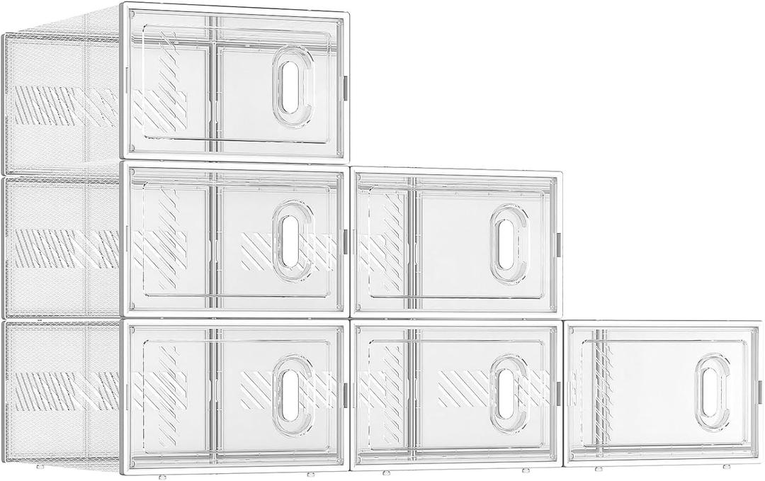 BALEINE 6 Pack Stackable Shoe Storage Boxes Fit Size 9, Thickened Clear Shoe Box Bins with Lids, Plastic Foldable Shoe Rack Organizer Sneaker Storage Containers (Large, White)