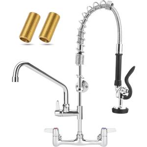 Commercial Faucet with Sprayer, 25 Inch Height Commercial Sink Faucet Wall Mount with 8" Adjustable Center and 12" Add-on Swing Spout & Pull Down Pre Rinse Sprayer