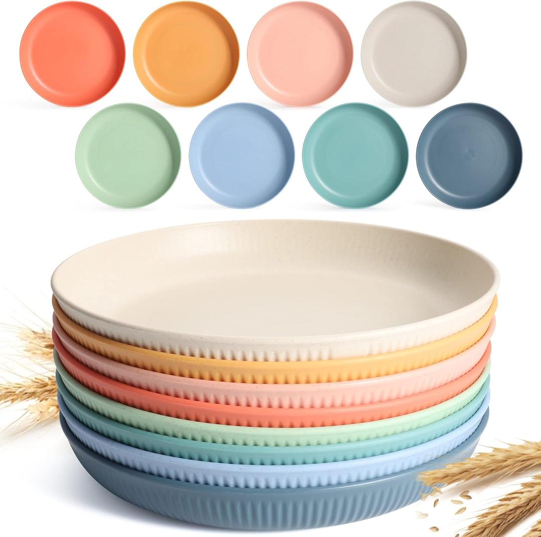 8 PACK 9 Inches Lightweight Wheat Straw Plates,Wheat Straw Fiber Lightweight Unbreakable Dinner Plates, Microwave and Dishwasher Safe, Plates Easy to Clean & Reusable (Colorful)