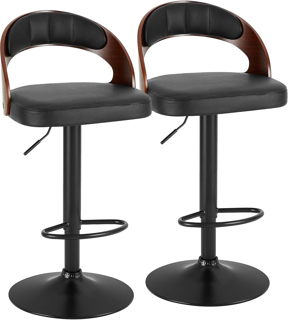 VECELO Bar Stools Set of 2,Counter Height Stools with Bentwood Back&Arm, Swivel Barstools,PU Leather Kitchen Island Stools, Adjustable Height Bar Chairs for Club Pub Dining Room,Black