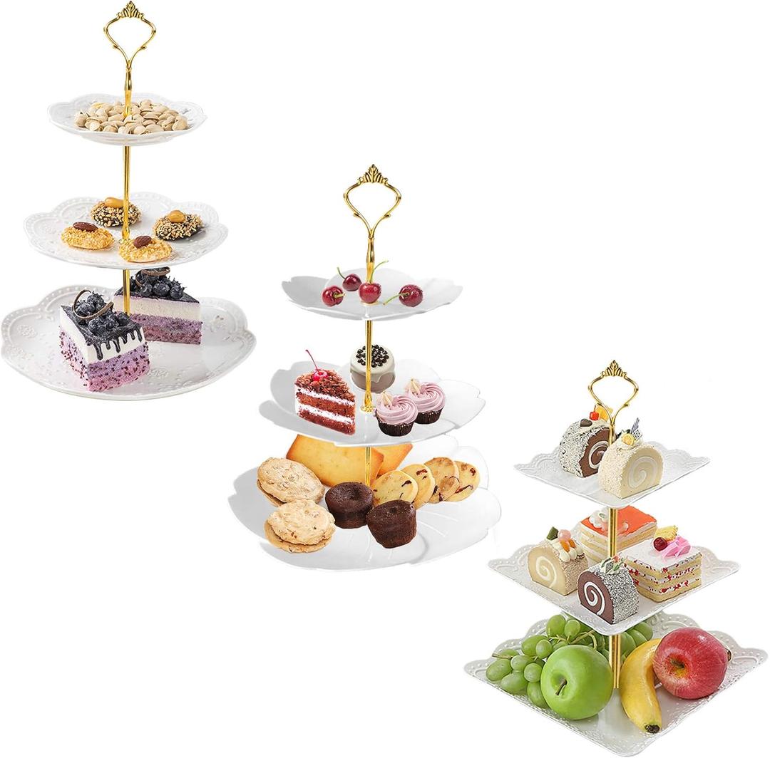 3 Set 3 Tier White Dessert Stands, Plastic Tiered Cake Stands, Fruit Candy Display Includes Square/Sakura-Shaped/Round Dessert Tiered Stand for Wedding Birthday Family Party